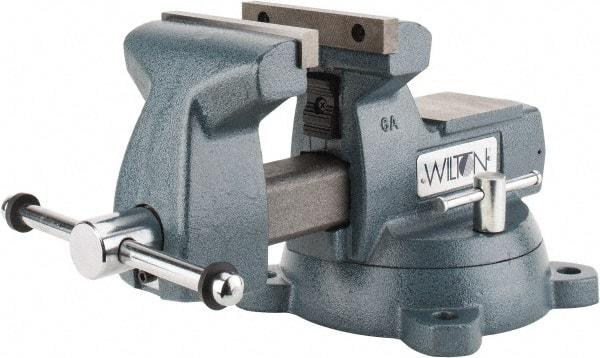 Wilton - 6" Jaw Width x 5-3/4" Jaw Opening Capacity, 4-1/8" Throat Depth, Bench & Pipe Combination Vise - 1/4 to 3-1/2" Pipe Capacity, Swivel Base, Bolt Down Attachment, Ductile Iron - Exact Tool & Supply