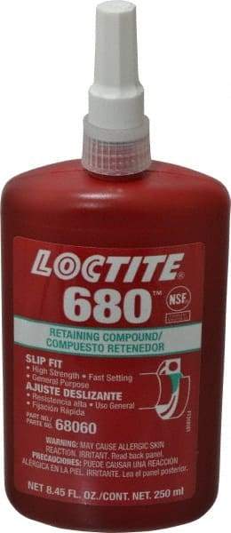 Loctite - 250 mL Bottle, Green, High Strength Liquid Retaining Compound - Series 680, 24 hr Full Cure Time, Hand Tool Removal - Exact Tool & Supply