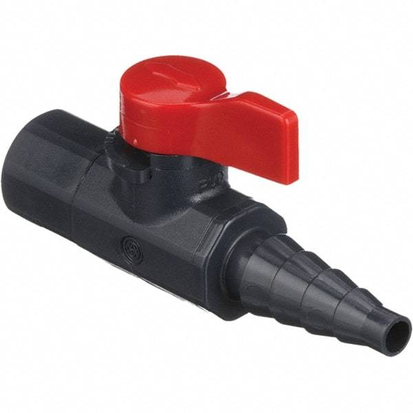 Asahi/America - 1/4" Pipe, Full Port, PVC Ball Valve - 1 Piece, FNPT X Barb Ends, Tee Handle, 150 WOG - Exact Tool & Supply