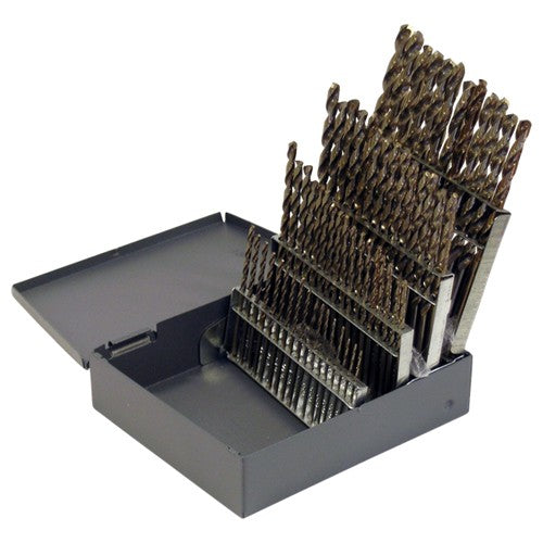#1-#60 RHS / RHC HSS-CO 8% (M42) 135 Degree Split Point NAS907 Type J Heavy Duty Cobalt Jobber Length Drill Set - Straw / Gold Oxide - Exact Tool & Supply