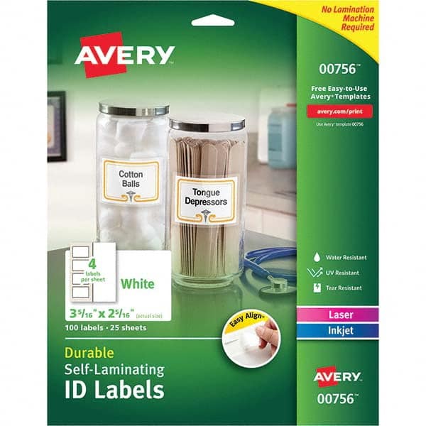 AVERY - Pack of (100), 2-5/16" x 3-5/16" White Paper Self Laminating Labels - Exact Tool & Supply