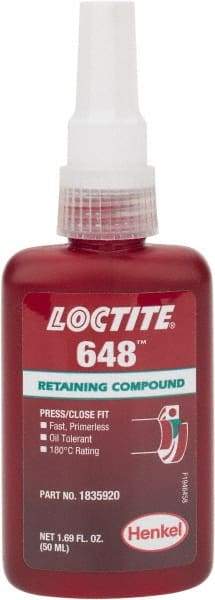 Loctite - 50 mL Bottle, Green, High Strength Liquid Retaining Compound - Series 648, 24 hr Full Cure Time, Heat Removal - Exact Tool & Supply