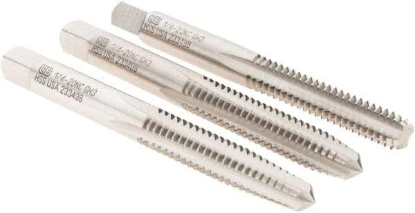 Union Butterfield - 1/4-20 UNC, 4 Flute, Bottoming, Plug & Taper, Bright Finish, High Speed Steel Tap Set - Right Hand Cut, 2-1/2" OAL, 1" Thread Length, 2B; 3B Class of Fit, Series 1500 - Exact Tool & Supply