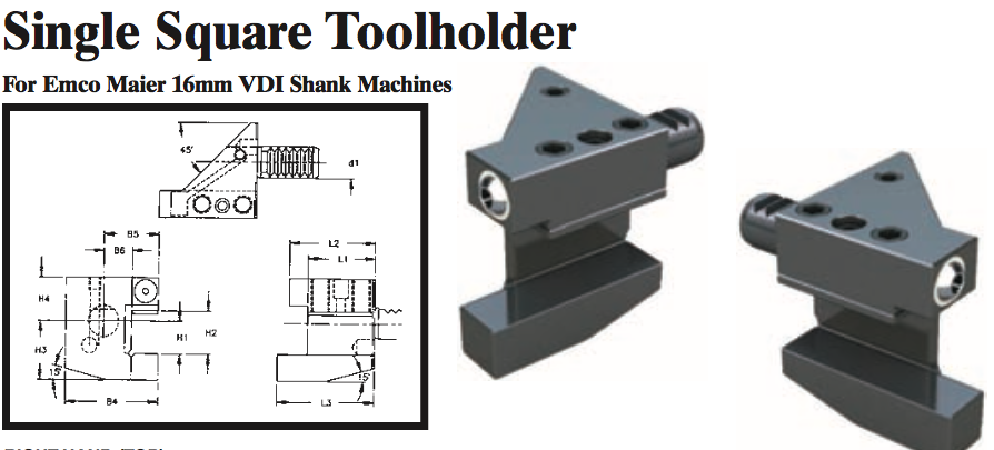 Single Square Toolholder - Right-Hand (Top) (For Emco Maier 16mm VDI Shank Machines) - Part #: CNC86 E31.1616 - Exact Tool & Supply