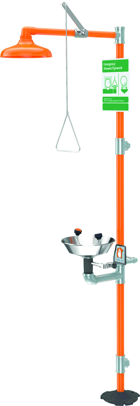 Guardian combination eyewash and shower station. Eyewash has stainless steel cover to protect bowl from dust, dirt and other contaminants. Cover raises automatically when flag handle is activated and closes when handle is returned to closed position. - Exact Tool & Supply