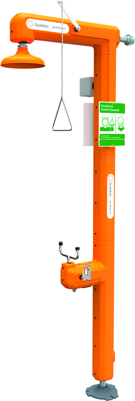 Guardian electric heat-traced eyewash and shower station prevents freezing in extreme conditions. Thermostat regulated unit is heated by self-limiting heat-tracing cable wrapped around internal pipe. Unit is intended for cold weather use down to -40°F. - Exact Tool & Supply