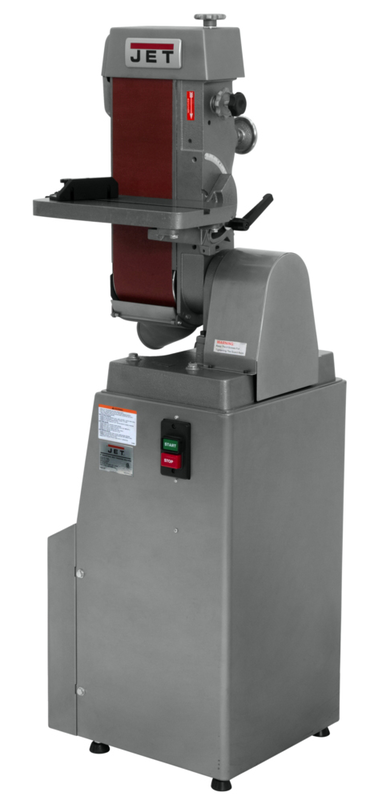 J-4301A 6 x 48 Industrial Belt Finishing Machine; Motor 1-1/2 HP; 230V; 3PH; Belt Size (WxL/in.) 6 x 48; Belt Speed (SFPM) 2850; Belt Table Tilt (deg.) 45° out and 20° in - Exact Tool & Supply