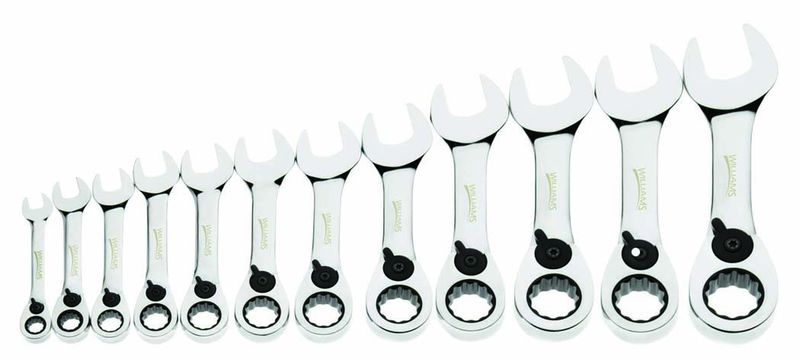 12 Piece - 12 Pt Ratcheting Stubby Combination Wrench Set - High Polish Chrome Finish - Metric; 8mm - 19mm - Exact Tool & Supply