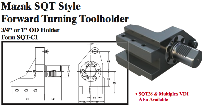 Mazak SQT Stye Forward Turning Toolholder (3/4Ó or 1Ó OD Holder Form SQT-C1) - Part #: SQT31.2825 - Exact Tool & Supply