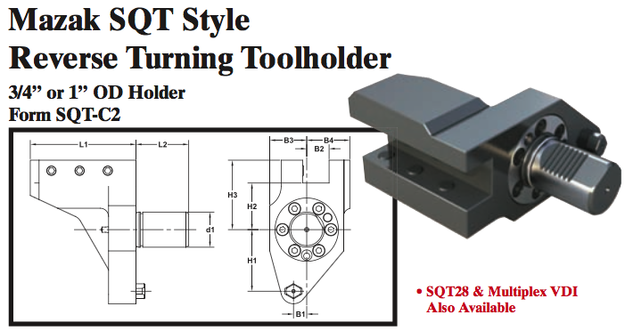 Mazak SQT Stye Reverse Turning Toolholder (3/4Ó or 1Ó OD Holder Form SQT-C2) - Part #: SQT32.1525 - Exact Tool & Supply