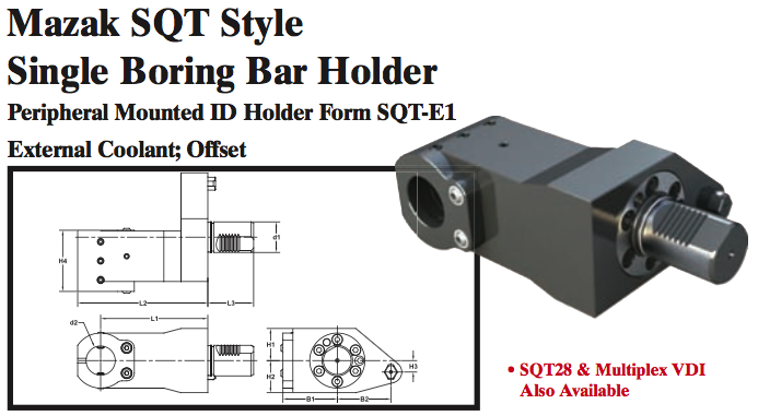 Mazak SQT Style Single Boring Bar Holder (Peripheral Mounted ID Holder Form SQT-E1 External Coolant; Offset) - Part #: SQT51.2850 - Exact Tool & Supply