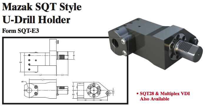 Mazak SQT Style U-Drill Holder (Form SQT-E3) - Part #: SQT91.1525 - Exact Tool & Supply