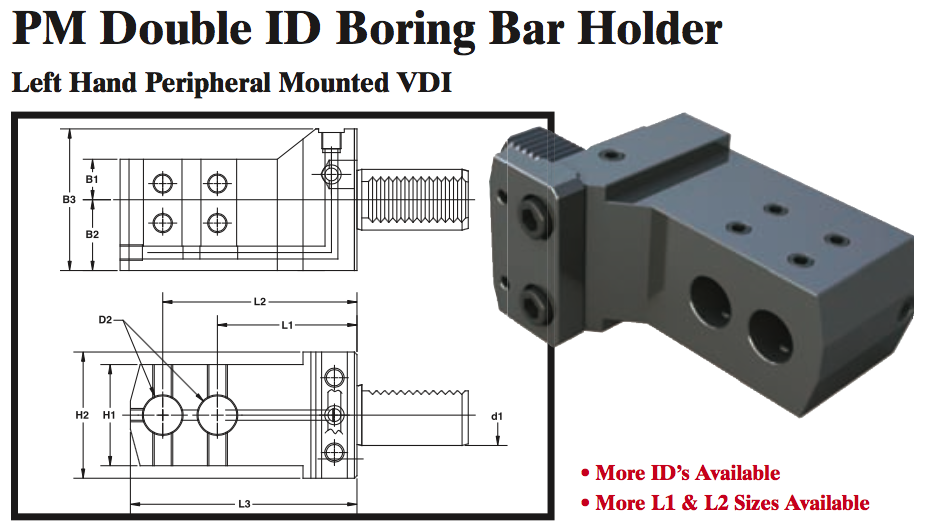 PM Double ID Boring Bar Holder (Left Hand Peripheral Mounted VDI) - Part #: PM91.4025L - Exact Tool & Supply
