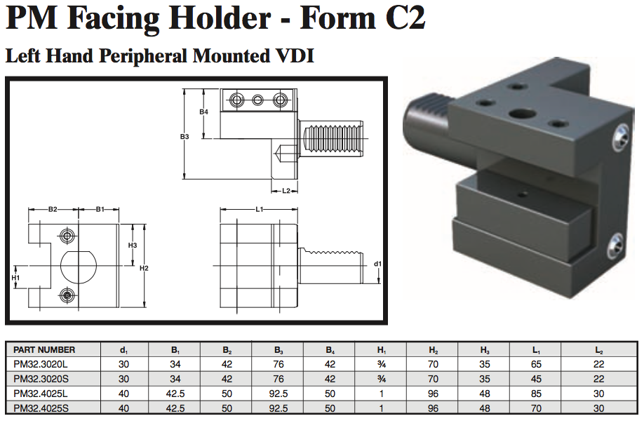 PM Facing Holder - Form C2 (Left Hand Peripheral Mounted VDI) - Part #: PM32.4025S - Exact Tool & Supply