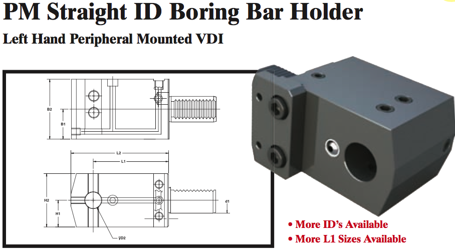 PM Straight ID Boring Bar Holder (Left Hand Peripheral Mounted VDI) - Part #: PM52.4025LL - Exact Tool & Supply