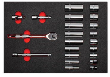 Proto® Foamed 3/8" Drive 22 Piece Socket Set w/ Precision 90 Pear Head Ratchet- Full Polish- 12 Point - Exact Tool & Supply