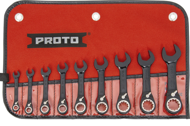 Proto® 9 Piece Black Chrome Combination Stubby Reversible Ratcheting Wrench Set - Spline - Exact Tool & Supply