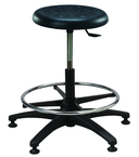 Round Black Polyurethane Stool - Standard Glides, 14" Seat Dia, 18" Adj Footring, Pneumatic Hgt Adj. Black, Plastic ABS Five Star Base, Bench Hgt 22.5" - 32.5" - Exact Tool & Supply