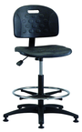 Polyurethane Task Stool - Standard Glides, Casters Optional, Pneumatic Hgt. Adj., Waterfall Seat, Adj. Contoured Backrest, Black Plastic ABS Base, 20" Adj. Footring, Bench Hgt 22.5" - 32.5" - Exact Tool & Supply