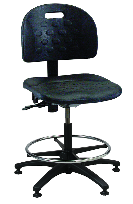 Black Polyurethane Task Stool - Adj. Contoured Backrest, Waterfall Seat, Seat and Back Tilt, Glides Standard, Pneu Hgt. Adj., 20" Adj. Footring, Black Plastic ABS Base, Bench Hgt 23.5"-33.5" - Exact Tool & Supply