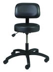 Heavy-Duty NaughaSoft Vinyl Stool - 16" x 4" Round Seat, Pneumatic Hgt Adj, Standard Glides, Sturdy Black ABS Plastic 5 Star Base, Backrest 16" W x 10" D, Seat height 16.5 - 21.5 - Exact Tool & Supply