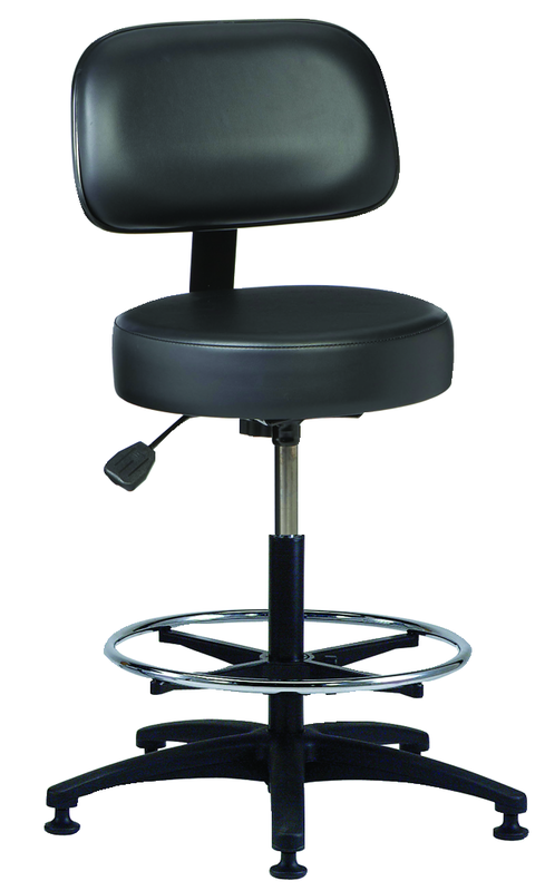 Heavy-Duty NaughaSoft Vinyl Stool 16 x 4" Round Seat, Contoured Backrest, Ppneumatic Hgt. Adj. - Adj. 18" Back is 16" W x 10" D, Height 22.5" - 32.5" - Exact Tool & Supply