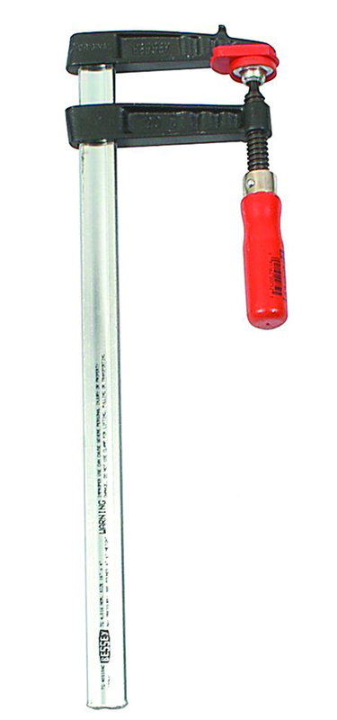 Medium Duty Trademan Clamp - 12" Capacity - 4-1/2" Throat Depth - Wood Handle, Standard Morepad - Profiled Rail and cast jaws - Exact Tool & Supply