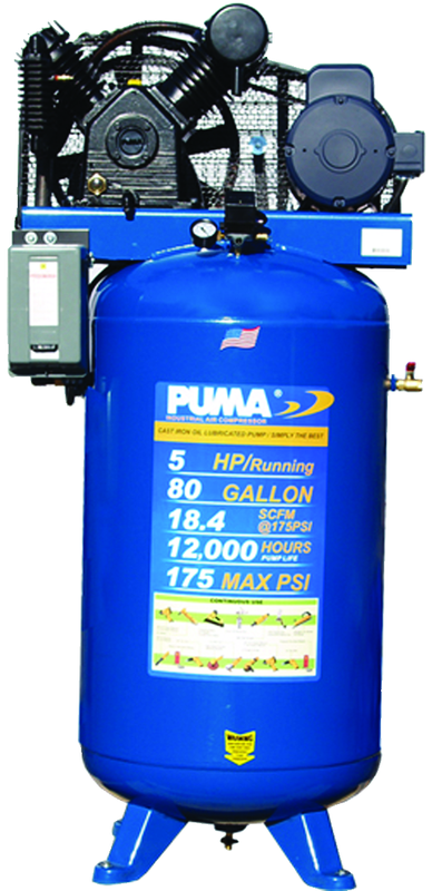 80 Gallon Vertical Tank Two Stage; Belt Drive; 5HP 230V 1PH W/Starter; 18.4CFM@175PSI; 530lbs. - Exact Tool & Supply