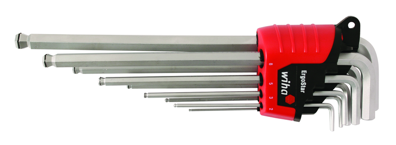 9 Piece - 1.5 - 10mm - Hard Chrome Finish - Ball End Hex L-Key MagicRing® Screw Holding Long Arm Metric Set in Holder - Exact Tool & Supply
