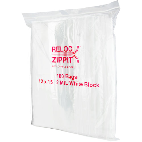 12″ × 15″ 2-MIL White Block Reloc Zippit Zipper Bags, Sold per Case of 1000 (10 boxes of 100 per case)