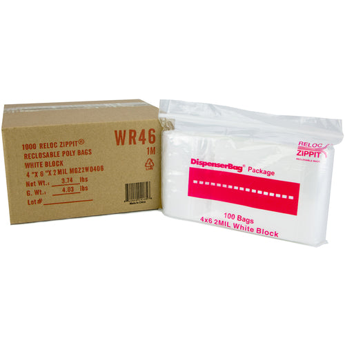 4″ × 6″ 2-MIL White Block Reloc Zippit Zipper Bags, Sold per Case of 1000 (10 boxes of 100 per case)
