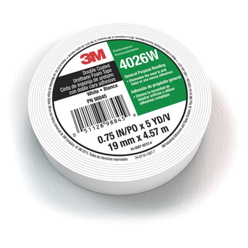3M Double Coated Urethane Foam Tape 4026W White 1/2″ × 5 yd 62mil - Exact Tool & Supply
