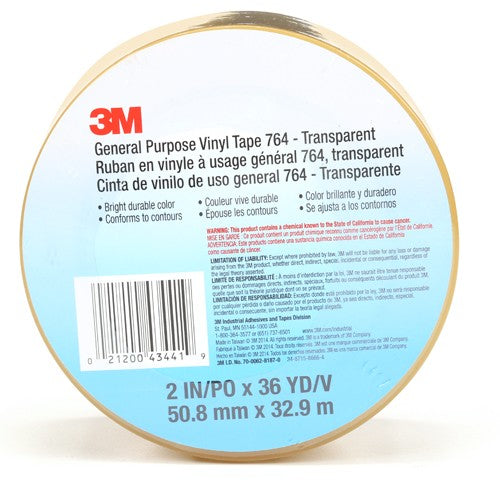3M General Purpose Vinyl Tape 764 Transparent 2 in × 36 yd 5 mil Individually Wrapped Conveniently Packaged - Exact Tool & Supply