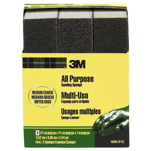 3M General Purpose Sanding Sponge 909NA-3P-CC 3 3/4″ × 2 5/8″ × 1″ Dual Grit Medium/Coarse - Exact Tool & Supply