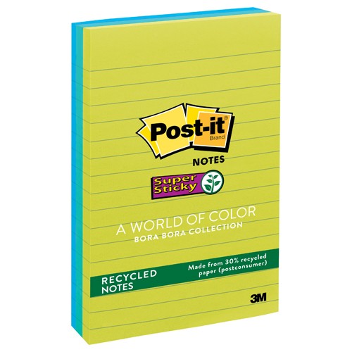 Post-it Super Sticky Recycled Notes 660-3SST 4″ × 6″ (101 mm × 152 mm) Bora Bora Collection Lined - Exact Tool & Supply