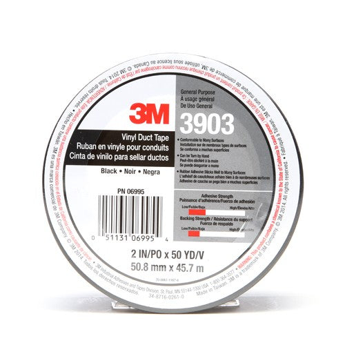 3M Vinyl Duct Tape 3903 Black 2″ × 50 yd 6.5 mil 2 Individually Wrapped Conveniently Packaged - Exact Tool & Supply