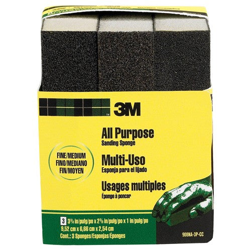 3M General Purpose Sanding Sponge 908NA-3P-CC 3 3/4″ × 2 5/8″ × 1″ Dual Grit Fine/Medium - Exact Tool & Supply