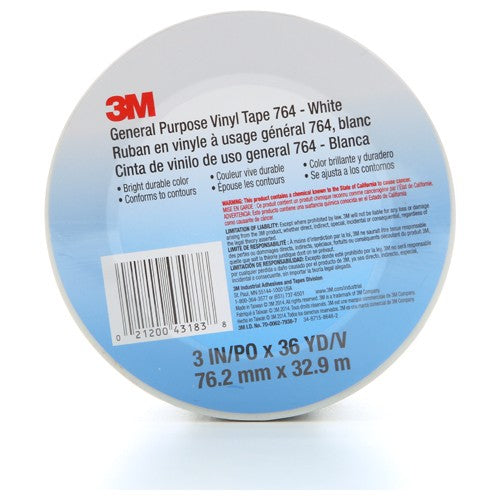 3M General Purpose Vinyl Tape 764 White 3″ × 36 yd 5 mil Individually Wrapped Conveniently Packaged - Exact Tool & Supply