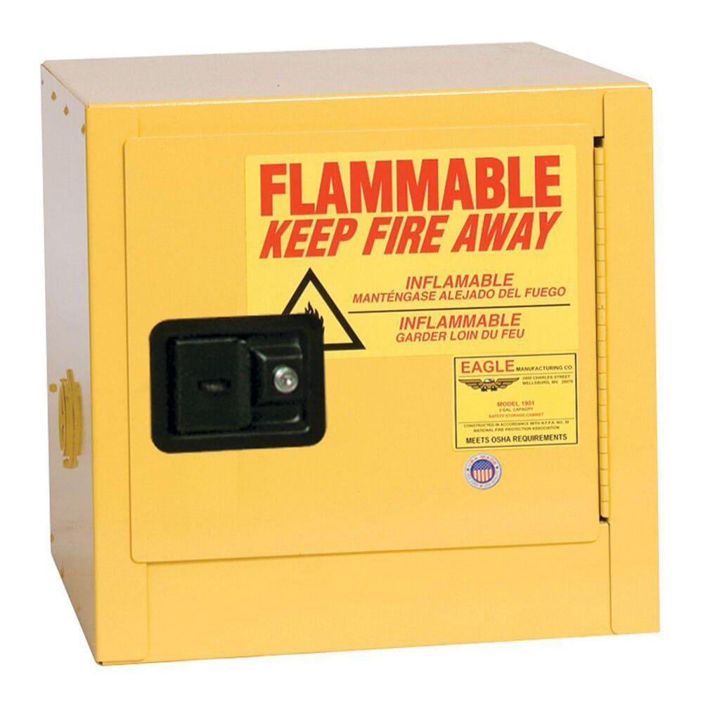 Flammable & Hazardous Storage Cabinets:  2.000 gal Drum, 1.000 Door,  1 Shelf,  Manual Closing,  Yellow