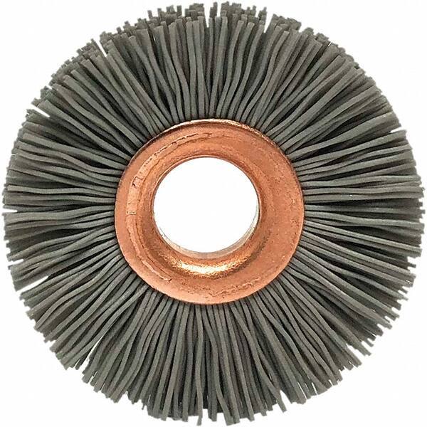 Brush Research Mfg. - 1-1/4" OD, 3/8" Arbor Hole, Crimped Abrasive Nylon Wheel Brush - 5/16" Face Width, 1/4" Trim Length, 20,000 RPM - Exact Tool & Supply