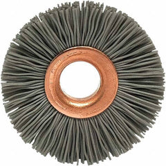 Brush Research Mfg. - 1-1/4" OD, 3/8" Arbor Hole, Crimped Abrasive Nylon Wheel Brush - 5/16" Face Width, 1/4" Trim Length, 20,000 RPM - Exact Tool & Supply