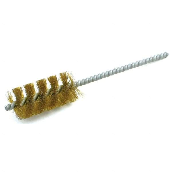 Brush Research Mfg. - 5/16" Diam Helical Brass Tube Brush - Single Spiral, 0.005" Filament Diam, 1-1/2" Brush Length, 4-1/2" OAL, Galvanized Steel Shank - Exact Tool & Supply