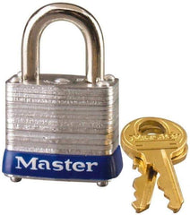 Master Lock - 9/16" Shackle Clearance, Keyed Alike General Security Padlock - 3/16" Shackle Diam, Laminated Steel - Exact Tool & Supply