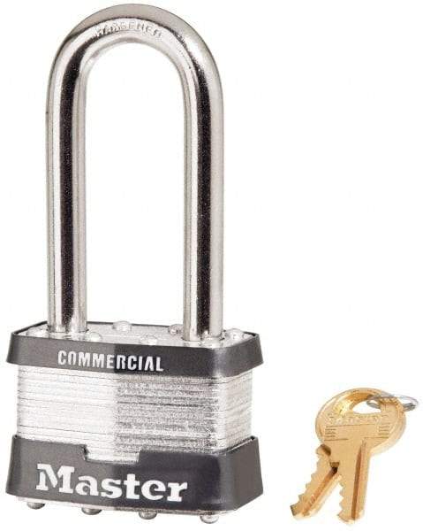 Master Lock - 2-1/2" Shackle Clearance, Keyed Different Padlock - 15/16" Shackle Width, 3/8" Shackle Diam, Laminated Steel - Exact Tool & Supply