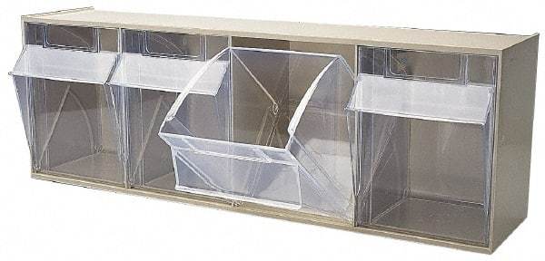 Quantum Storage - 23-5/8" Wide x 8-1/8" High x 6-5/8" Deep, Small Parts Tip Out Stacking Bin Organizer - Polystyrene Frame, 4 Compartments, 5-5/8" Wide x 7-1/2" High x 5" Deep Bin - Exact Tool & Supply