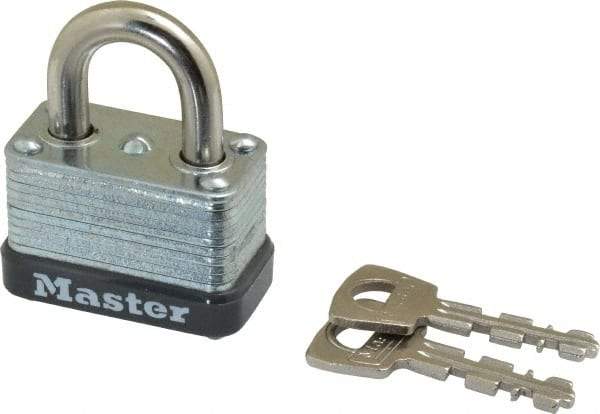 Master Lock - 9/16" Shackle Clearance, Keyed Different Laminated Steel Padlock - 1/4" Shackle Diam, Laminated Steel - Exact Tool & Supply