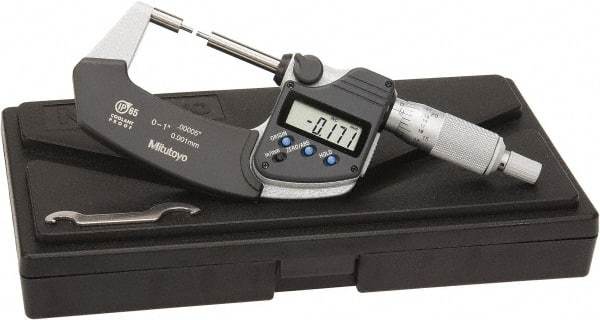 Mitutoyo - 1 Inch, 32mm Throat Depth, Electronic Spline Micrometer - Accurate Up to 0.0001 Inch, 1/4 Inch Spindle Diameter, 0.18mm Head Diameter, Ratchet Stop Thimble, Data Output - Exact Tool & Supply