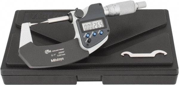 Mitutoyo - 1 Inch, 32mm Throat Depth, Ratchet Stop, Electronic Point Micrometer - Accurate Up to 0.0001 Inch, 0.3937 Inch Point Length, 15° Point Angle, 18mm Head Diameter - Exact Tool & Supply