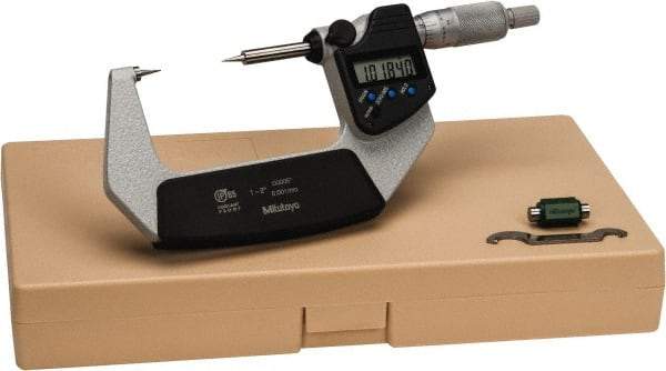 Mitutoyo - 1 to 2 Inch, 32mm Throat Depth, Ratchet Stop, Electronic Point Micrometer - Accurate Up to 0.0001 Inch, 0.3937 Inch Point Length, 15° Point Angle, 18mm Head Diameter - Exact Tool & Supply