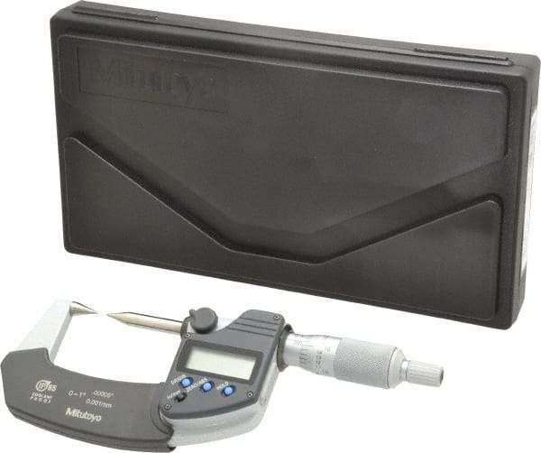 Mitutoyo - 1 Inch, 32mm Throat Depth, Ratchet Stop, Electronic Point Micrometer - Accurate Up to 0.0001 Inch, 0.3937 Inch Point Length, 30° Point Angle, 18mm Head Diameter - Exact Tool & Supply